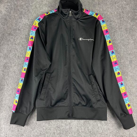 Champion Tricot Track Jacket Mens Medium Black Full Zip Colorful Logo Sporty - Picture 1 of 16